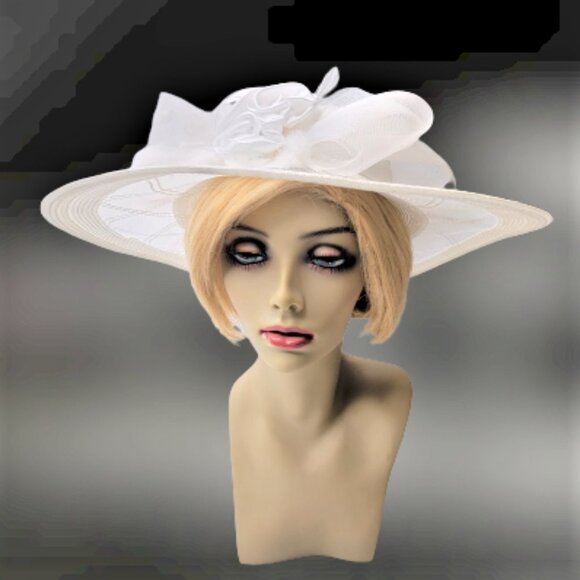 White Satin Ribbon Bows Rosettes Large Wide Brim Hat One Size Fits All - Picture 2 of 12